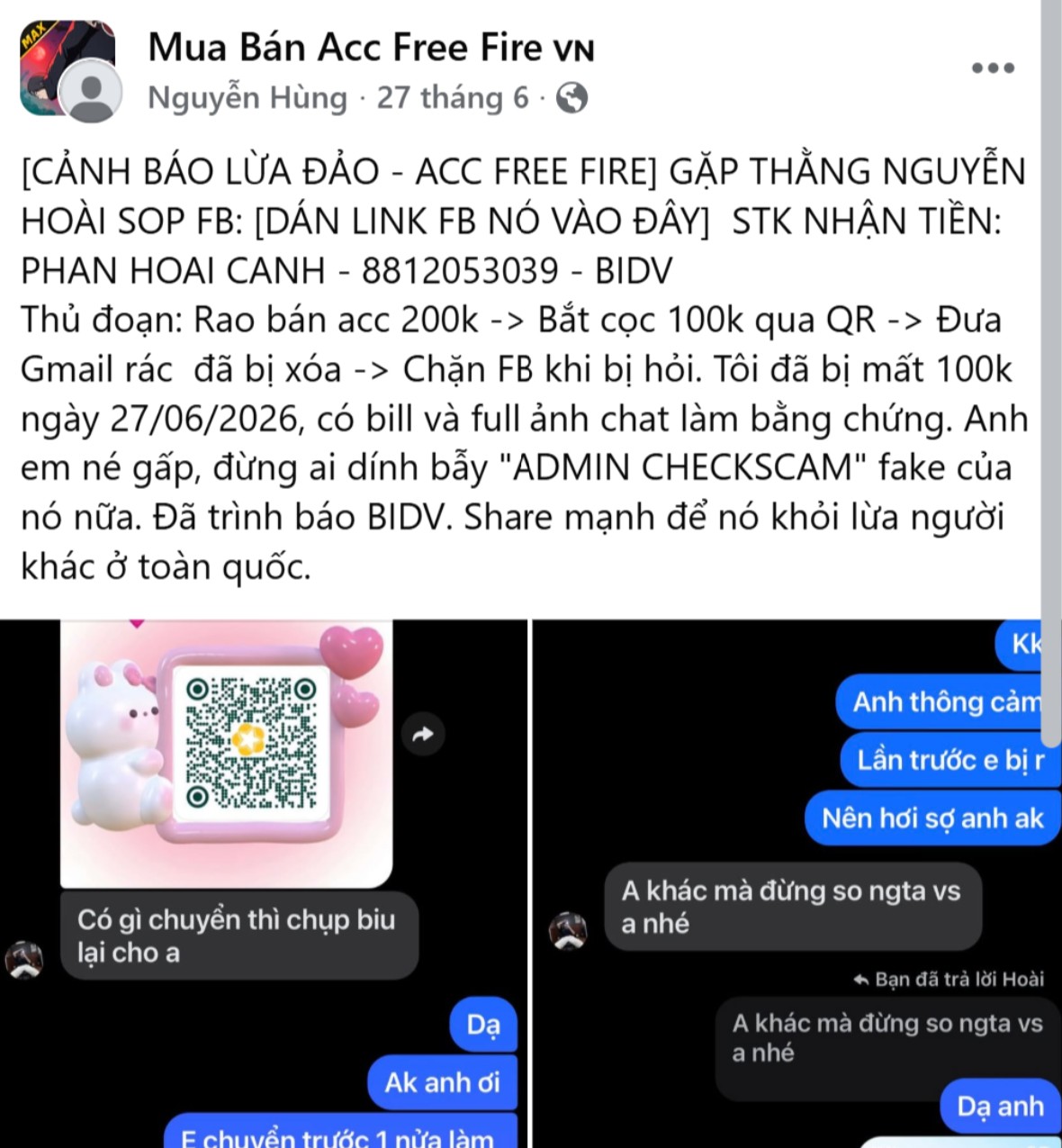 lừa đảo bằng cách fake bill sau đó yêu cầu chủ acc gửi acc ff nhanh 