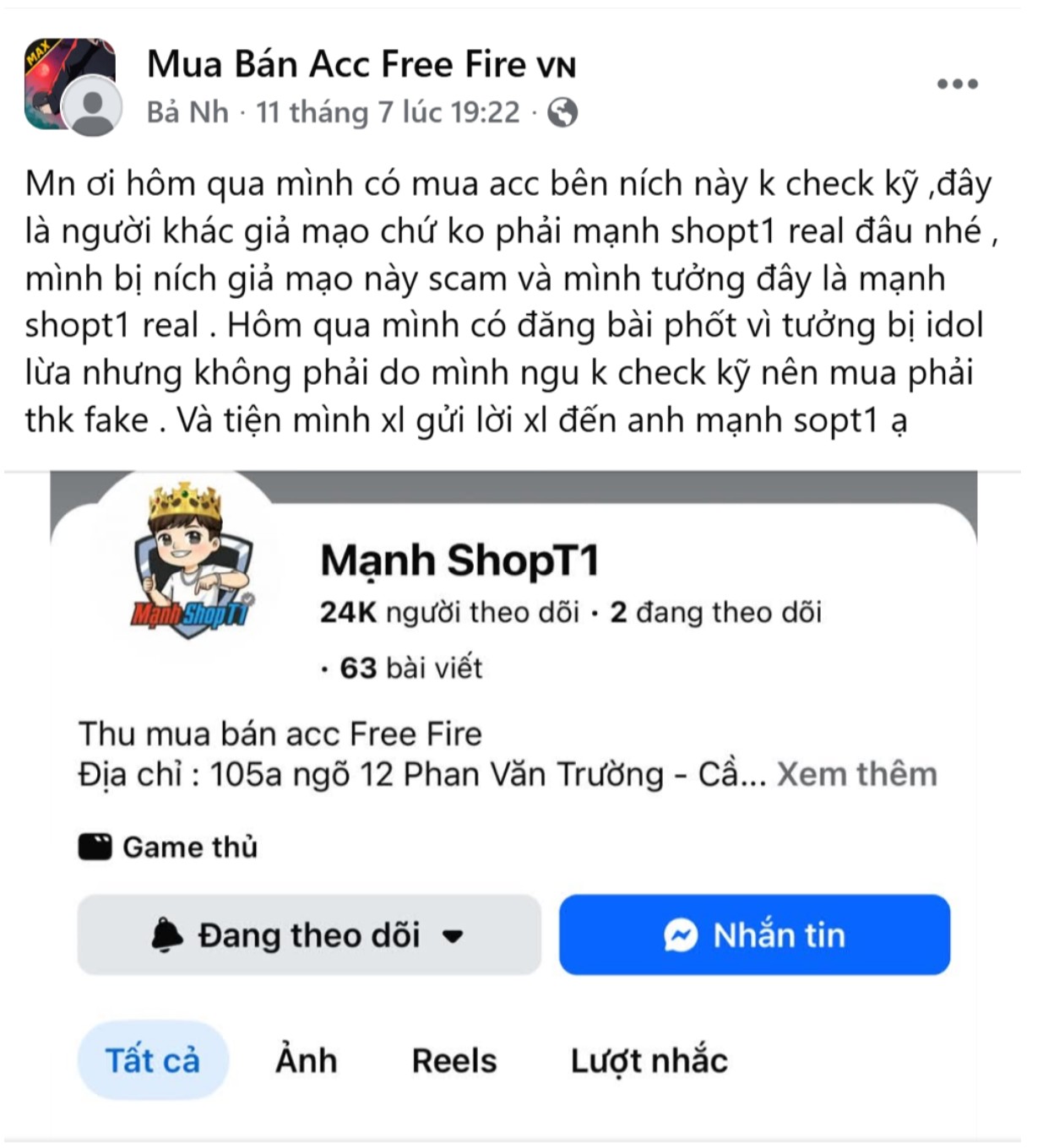 cẩn thận với tình trạng mạo danh shop thu mua acc uy tín